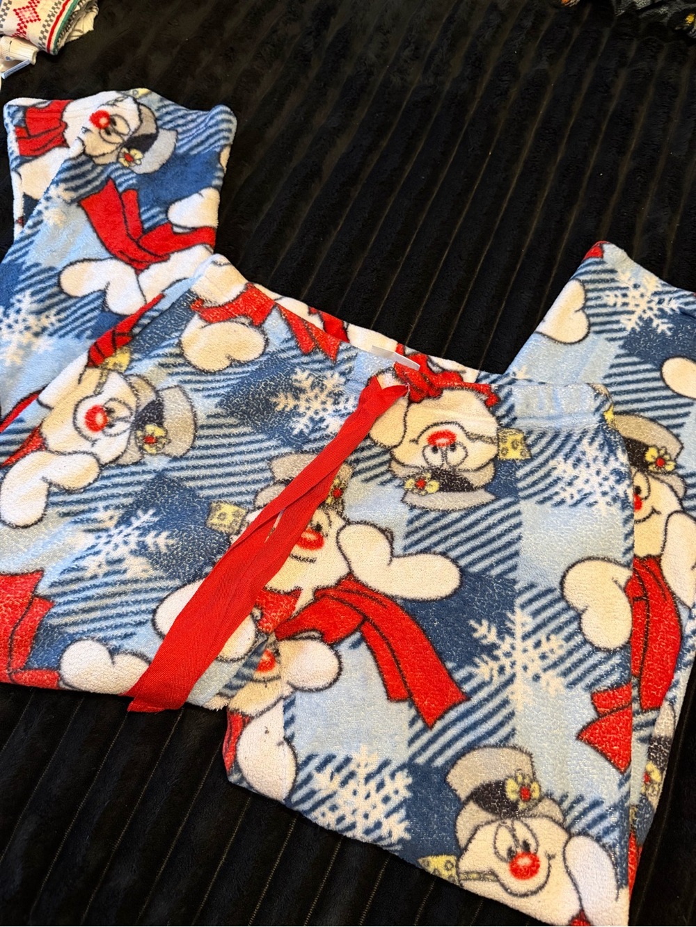 Women’s Blue Snowman Fleece Pajama Set with Red Accents